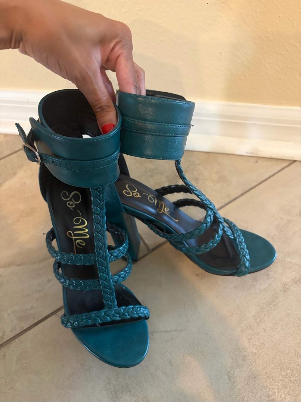So Me Teal Braided Strappy Block Heel Sandals